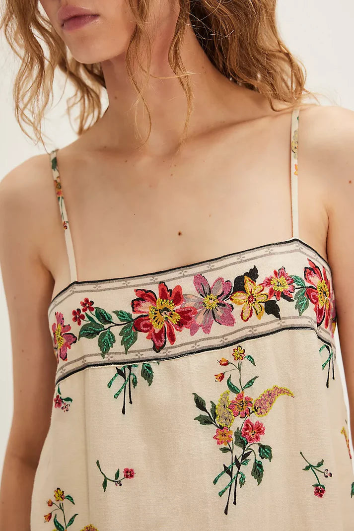 2025 Floral Slip Midi Dress - Sweet Beige Linen Blend with Fresh Summery Charm