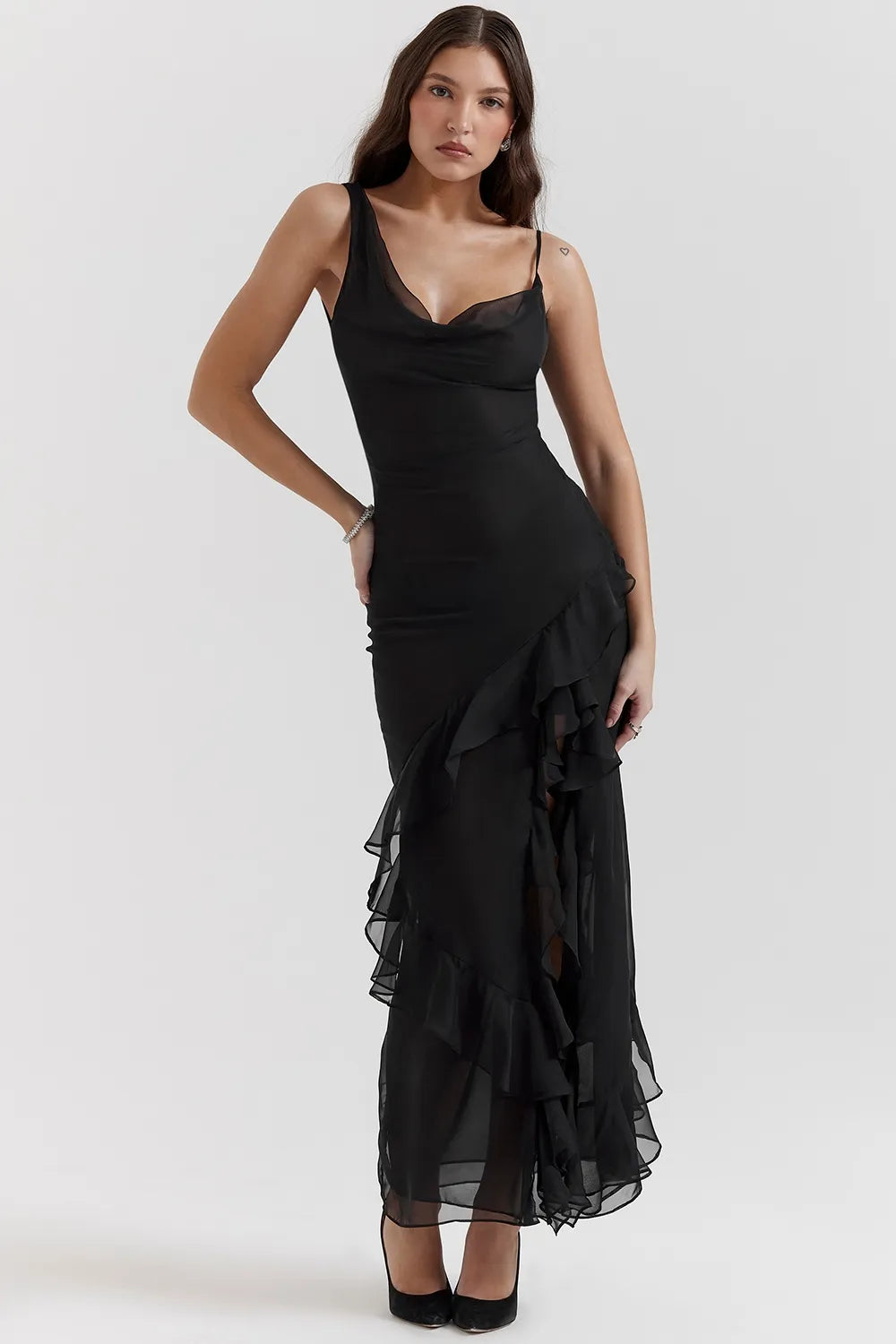 Black Noir Cascade Ruffle Maxi Dress