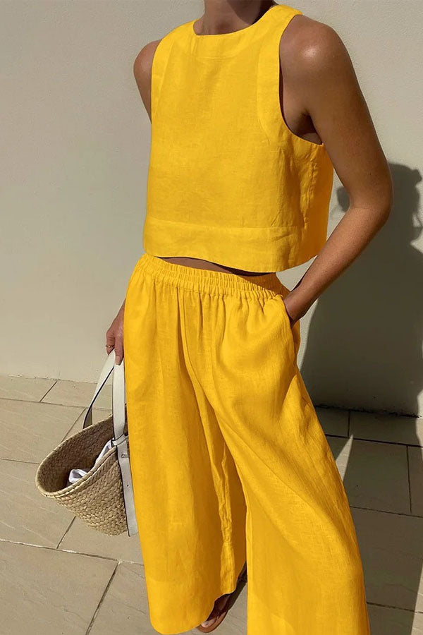 Sleeveless Shirt Wide Leg Pants Two Piece Set