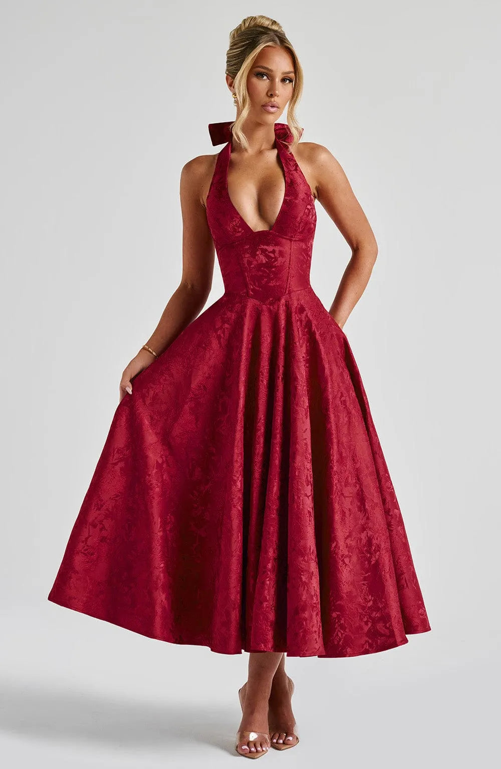 Floral Jacquard Halter Neck Midi Dress