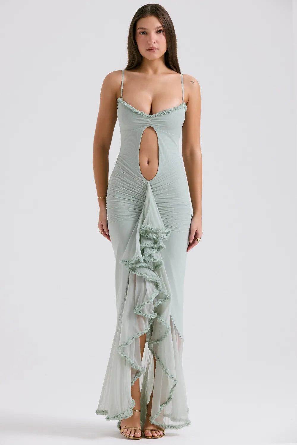 Statement Cutout Midriff Ruffle Front Gown