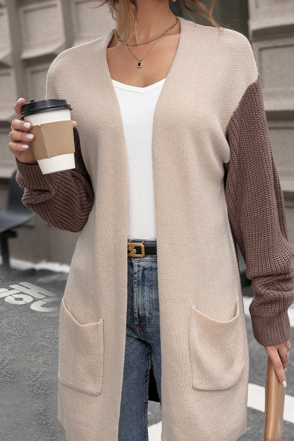 Colorblocked Knit Long Cardigan with Pockets