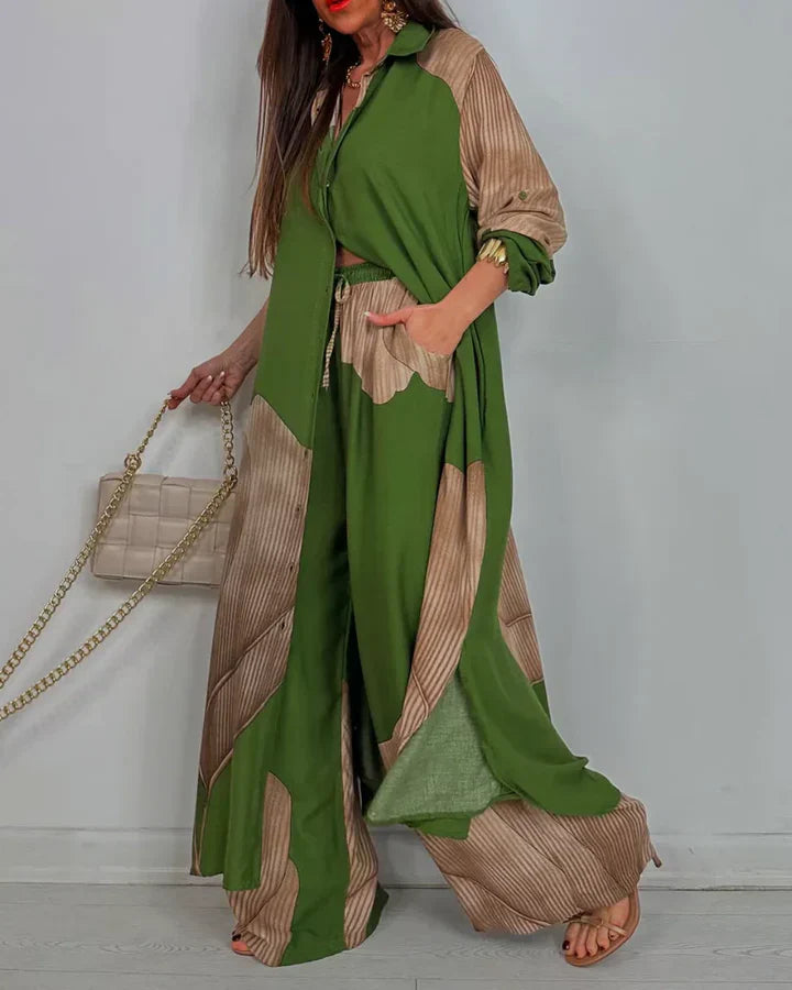 Artistic Print Set - Flowy Blouse & Trousers for Modern Comfort and Charm