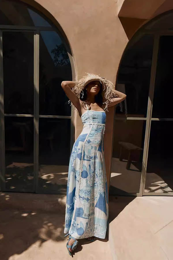 Unique Printed Back Tie Halter Flared Maxi Dress