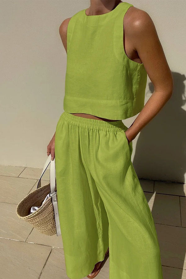 Sleeveless Shirt Wide Leg Pants Two Piece Set