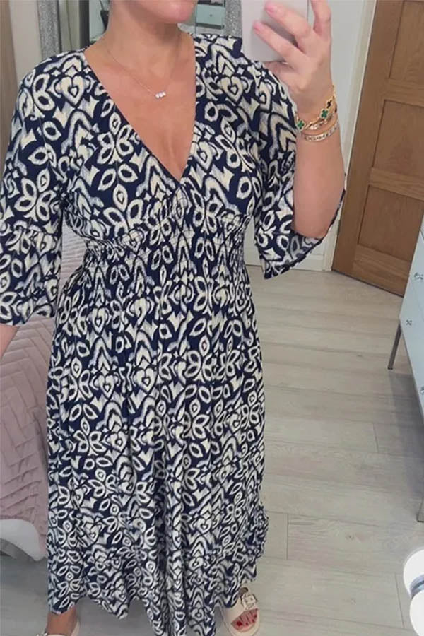 Bohemian Casual Print V-neck Shirred Waist Long Dress