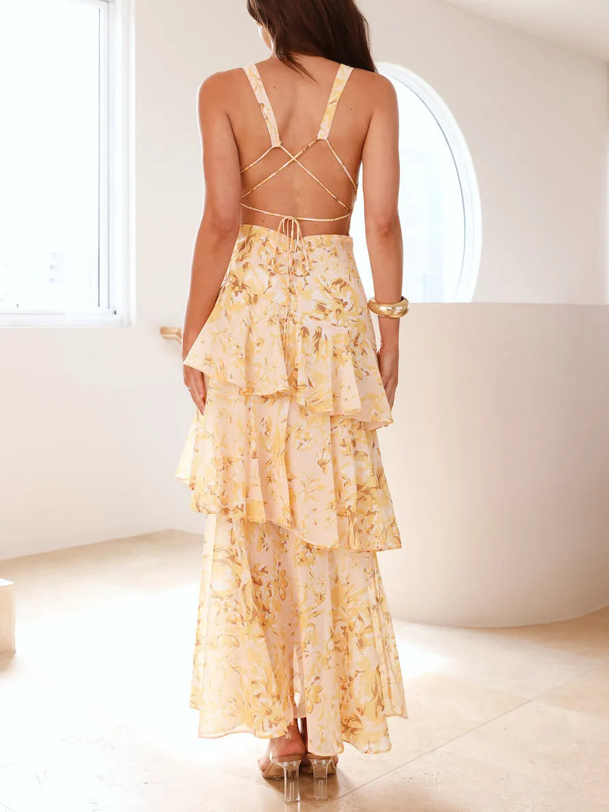 Sleeveless Deep V-Neck Floral Print Tiered Ruffle Dress - Strappy Back Detail
