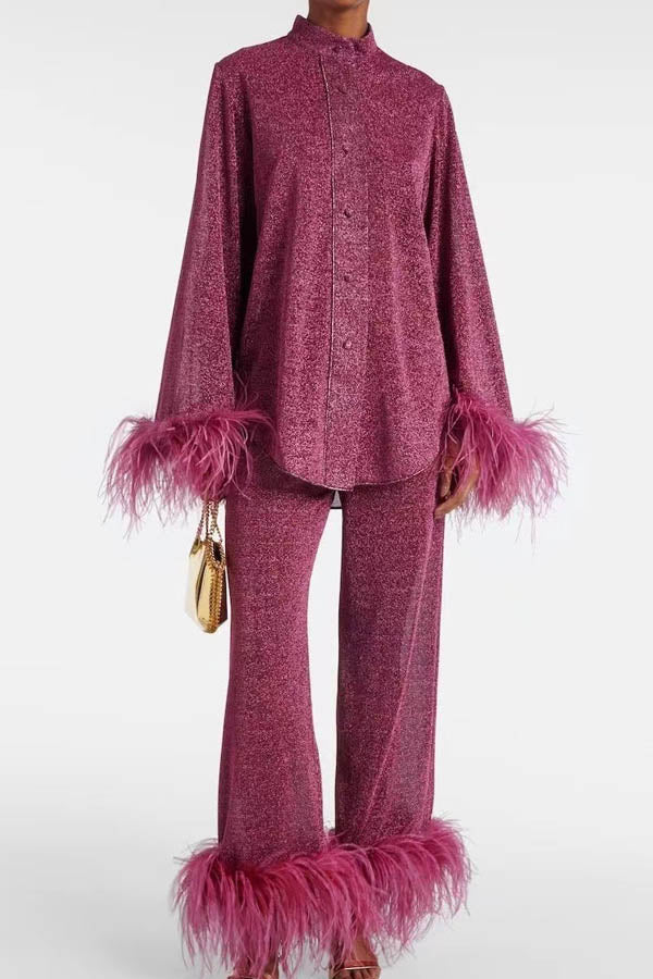 Feather Embellished Stand Collar Shirt Wide Leg Pants Set