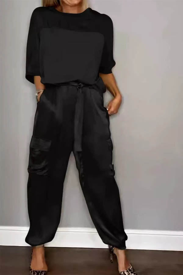 Casual Solid Color Tops & Loose Fit Pants Set