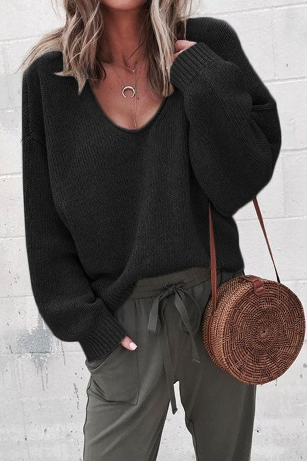 V-Neck Solid Color Sweater Bottom Shirt