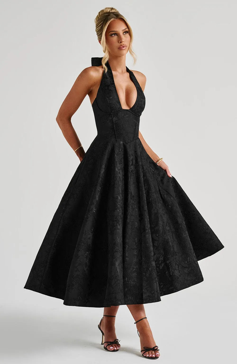 Floral Jacquard Halter Neck Midi Dress
