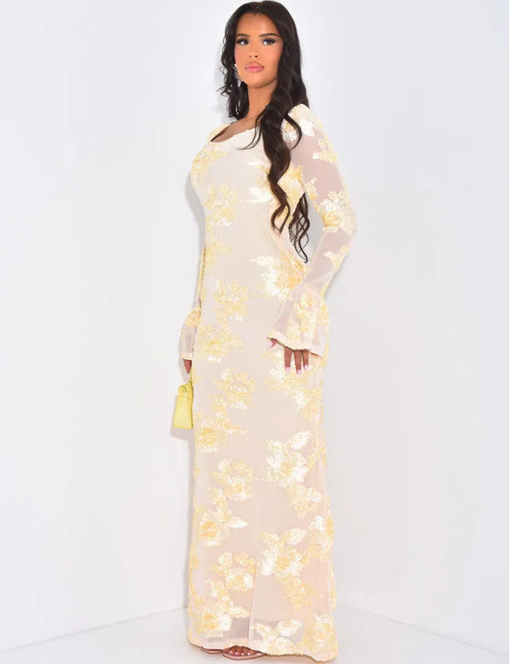 Daniela Floral Embossed Long Sleeve Bodycon Maxi Dress