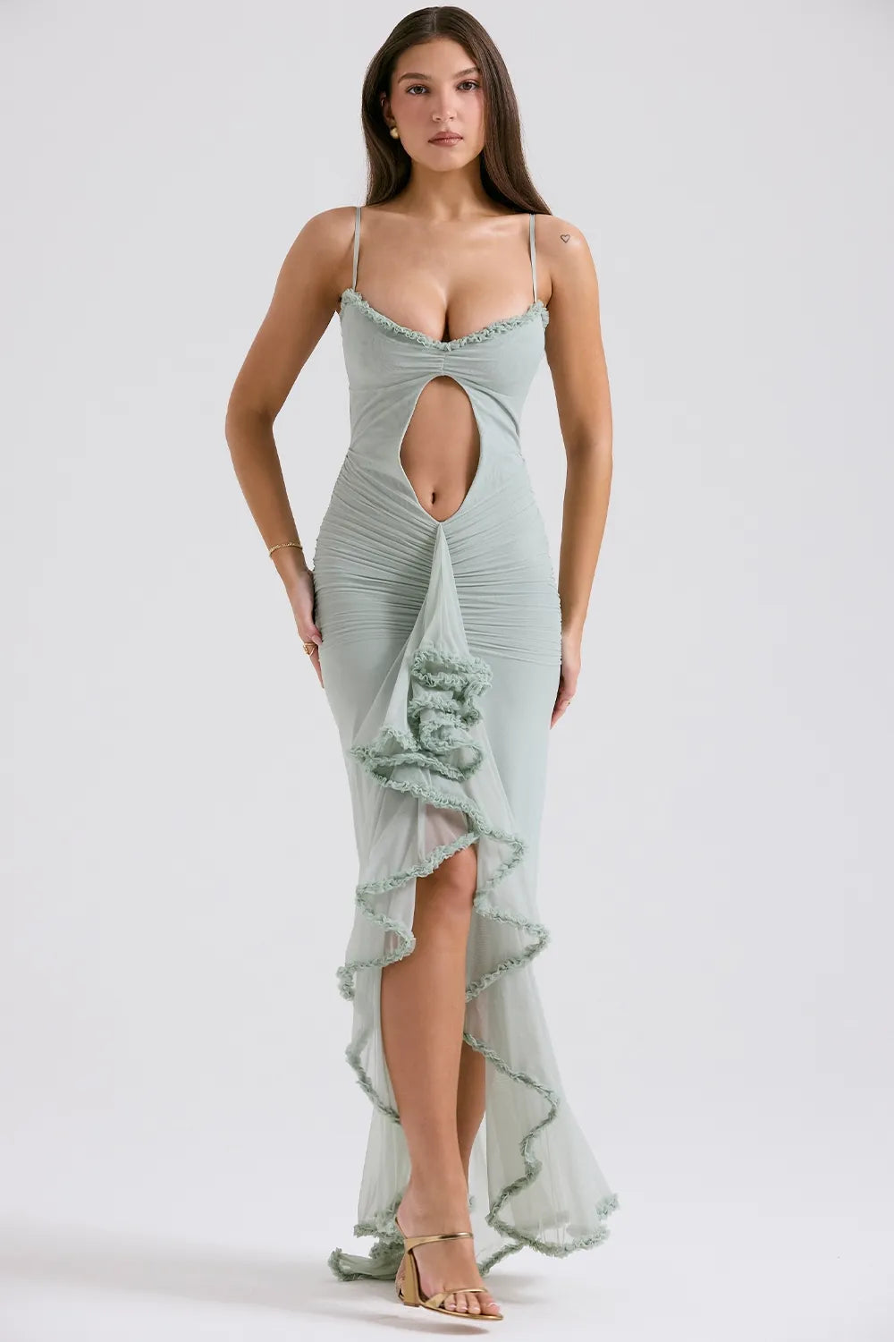 Statement Cutout Midriff Ruffle Front Gown