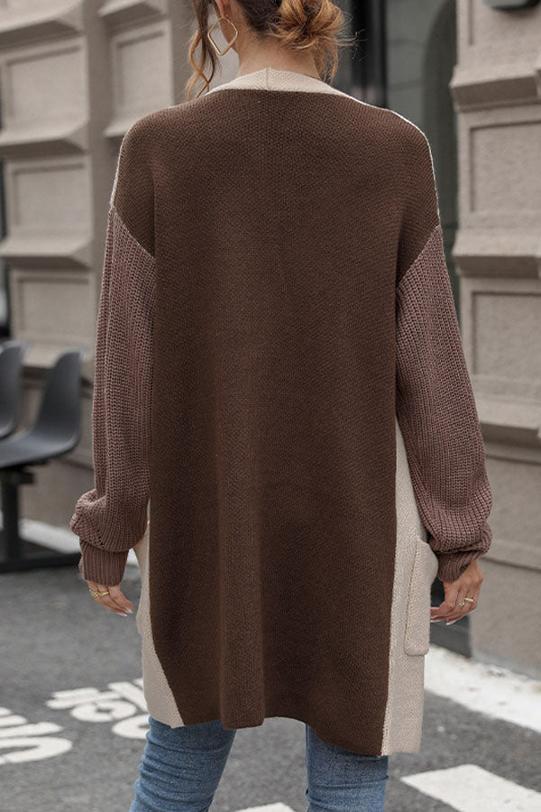 Colorblocked Knit Long Cardigan with Pockets