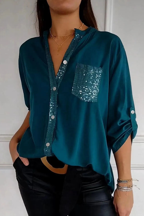 Casual loose sequin patchwork shirt