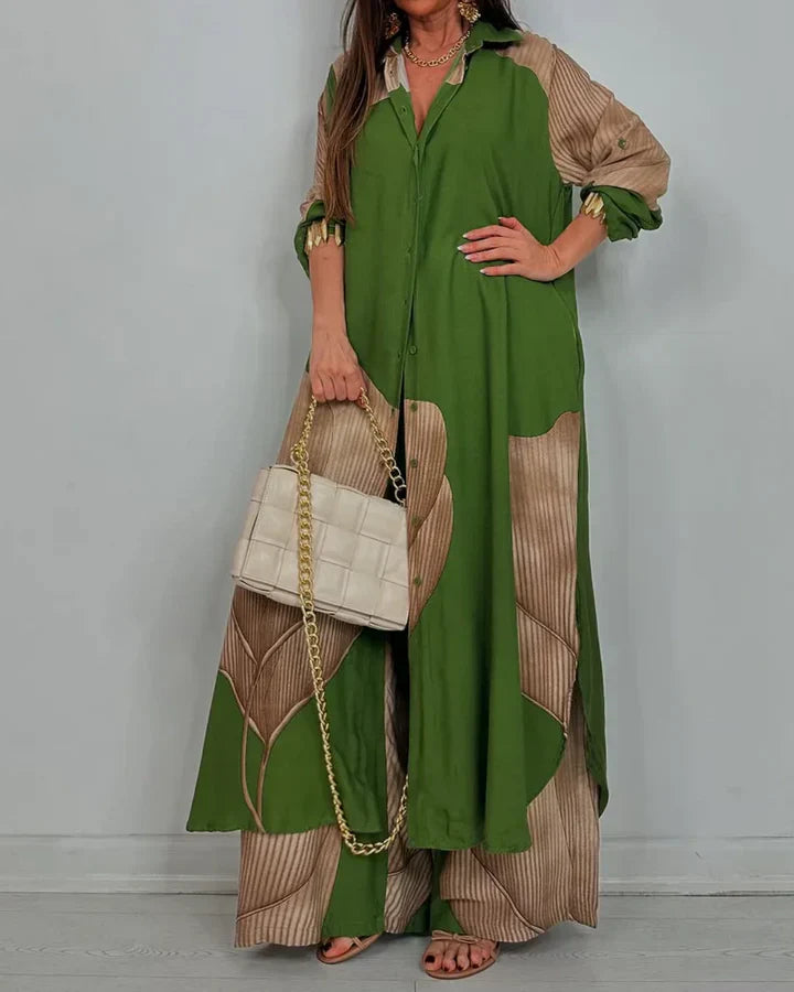 Artistic Print Set - Flowy Blouse & Trousers for Modern Comfort and Charm