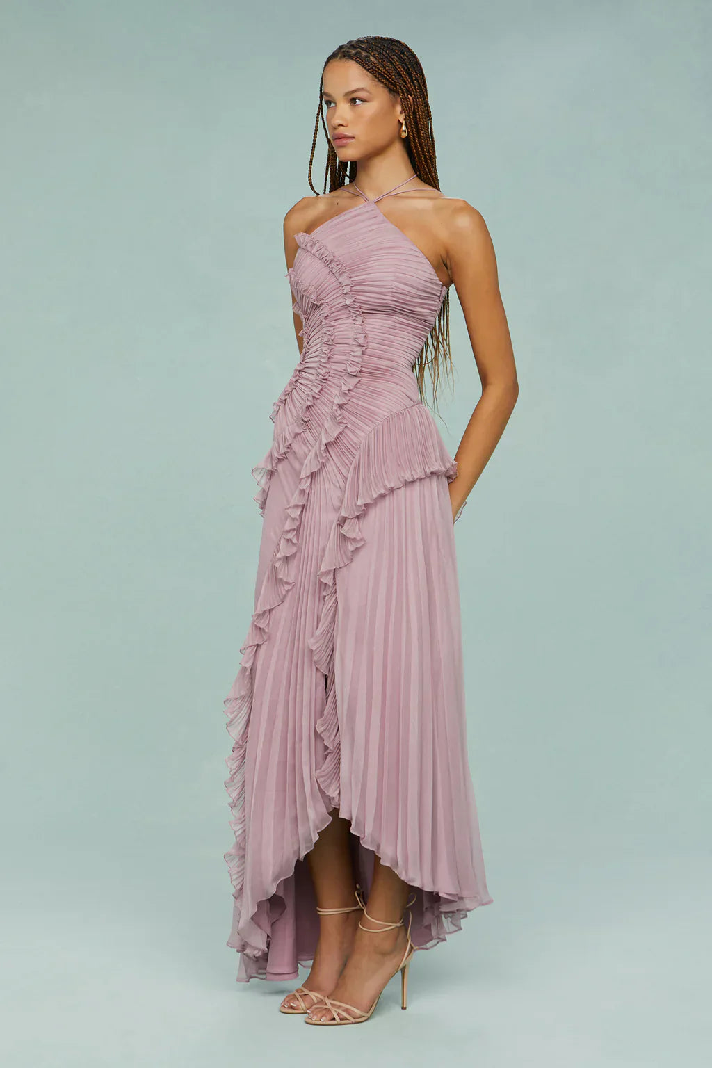 Romantic Dusty Lilac Maxi Dress - Sustainable Polyester with Lily Pad Pleating
