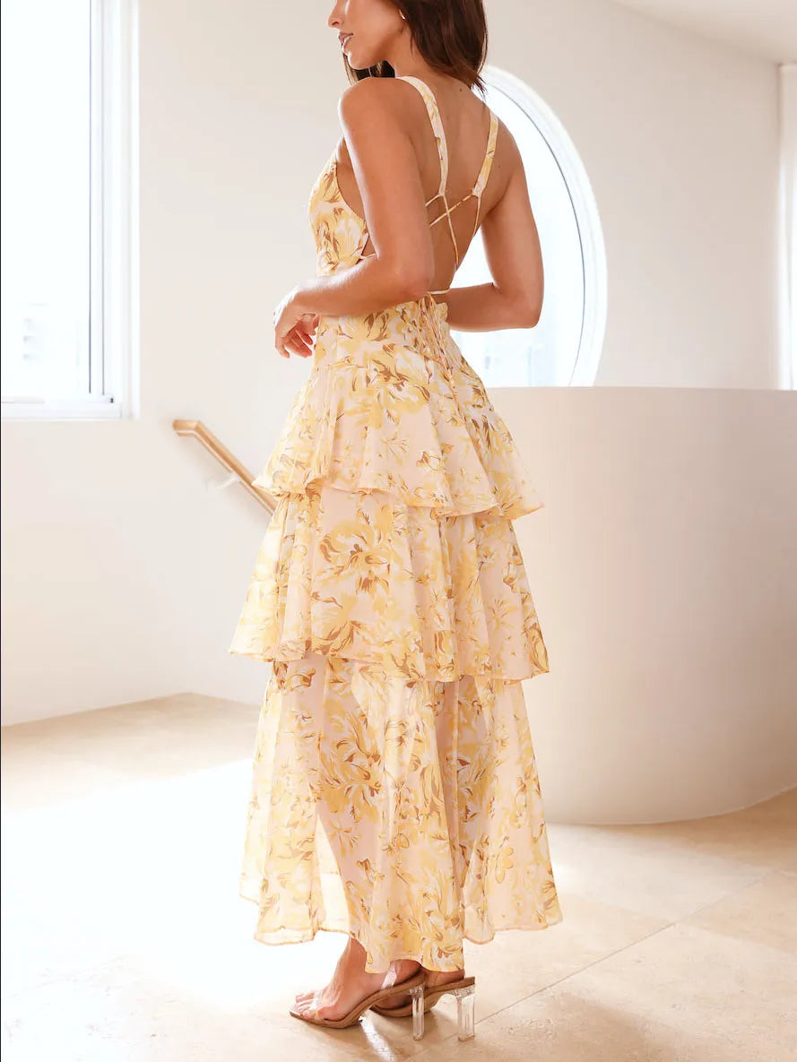 Sleeveless Deep V-Neck Floral Print Tiered Ruffle Dress - Strappy Back Detail