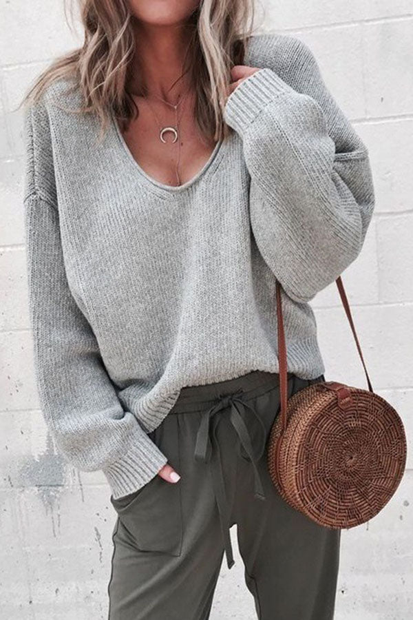 V-Neck Solid Color Sweater Bottom Shirt