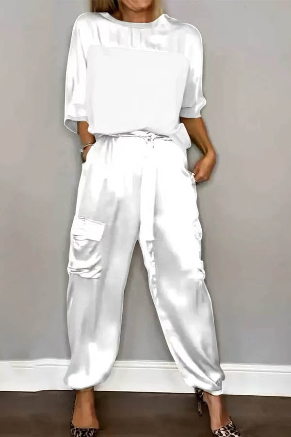 Casual Solid Color Tops & Loose Fit Pants Set