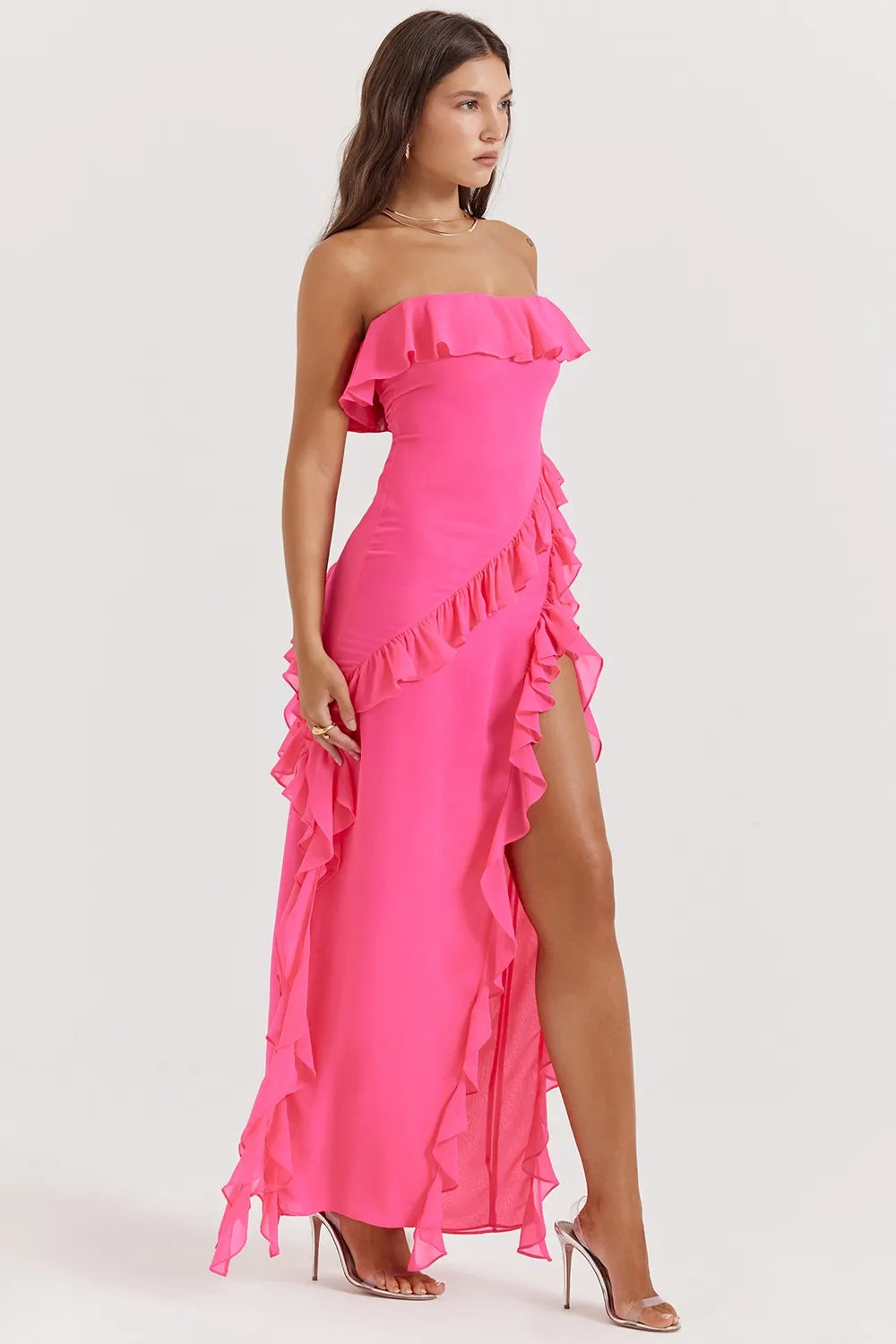Petal-Hued Ruffle Strapless Maxi Dress