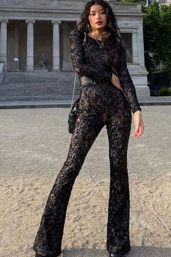Socialite Style Composite Lace Elegant Slim-Fit Jumpsuit