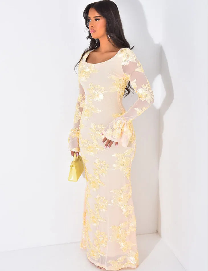 Daniela Floral Embossed Long Sleeve Bodycon Maxi Dress