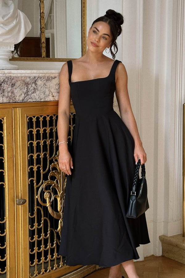 High Waisted Square Neck Midi Dress