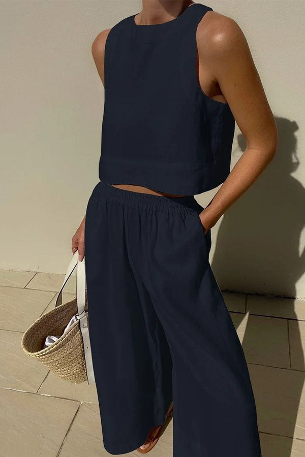Sleeveless Shirt Wide Leg Pants Two Piece Set