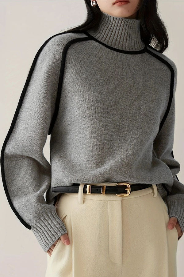 Elegant Colorblocking High Neck Loose Solid Color Sweater