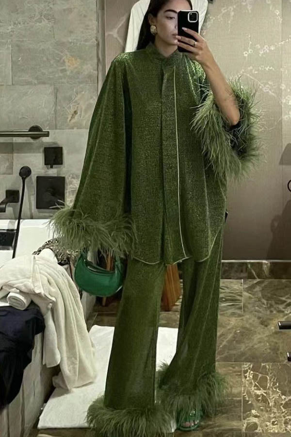 Feather Embellished Stand Collar Shirt Wide Leg Pants Set