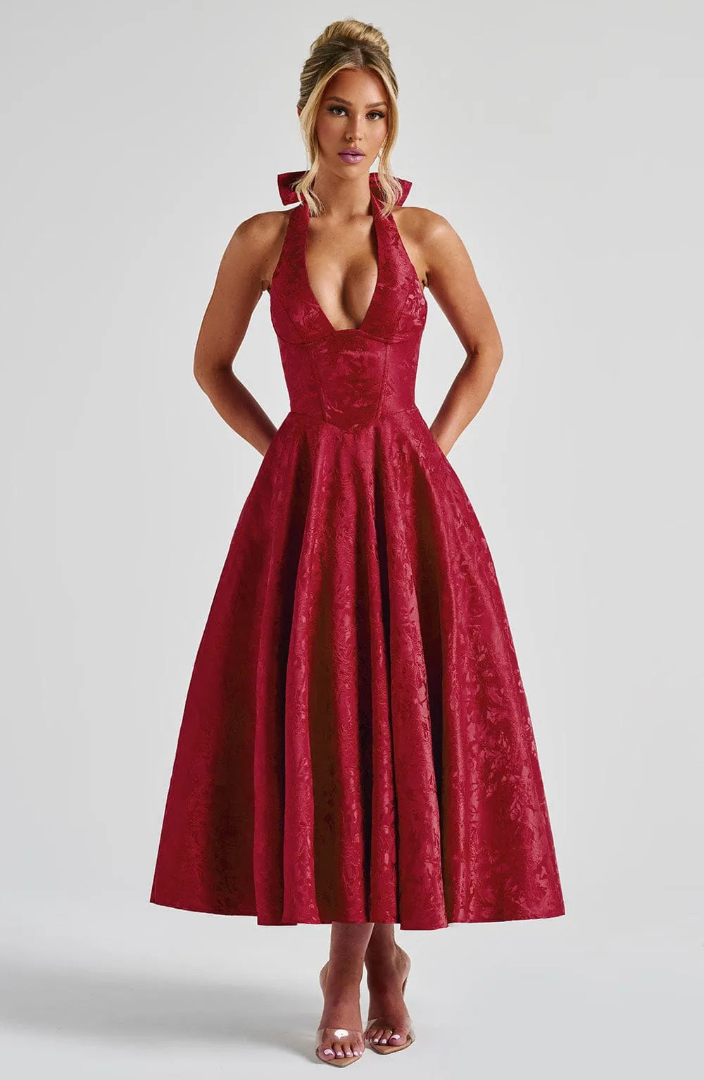 Floral Jacquard Halter Neck Midi Dress