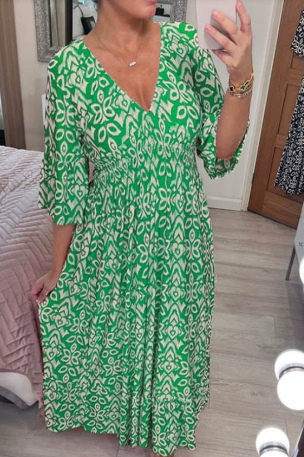 Bohemian Casual Print V-neck Shirred Waist Long Dress