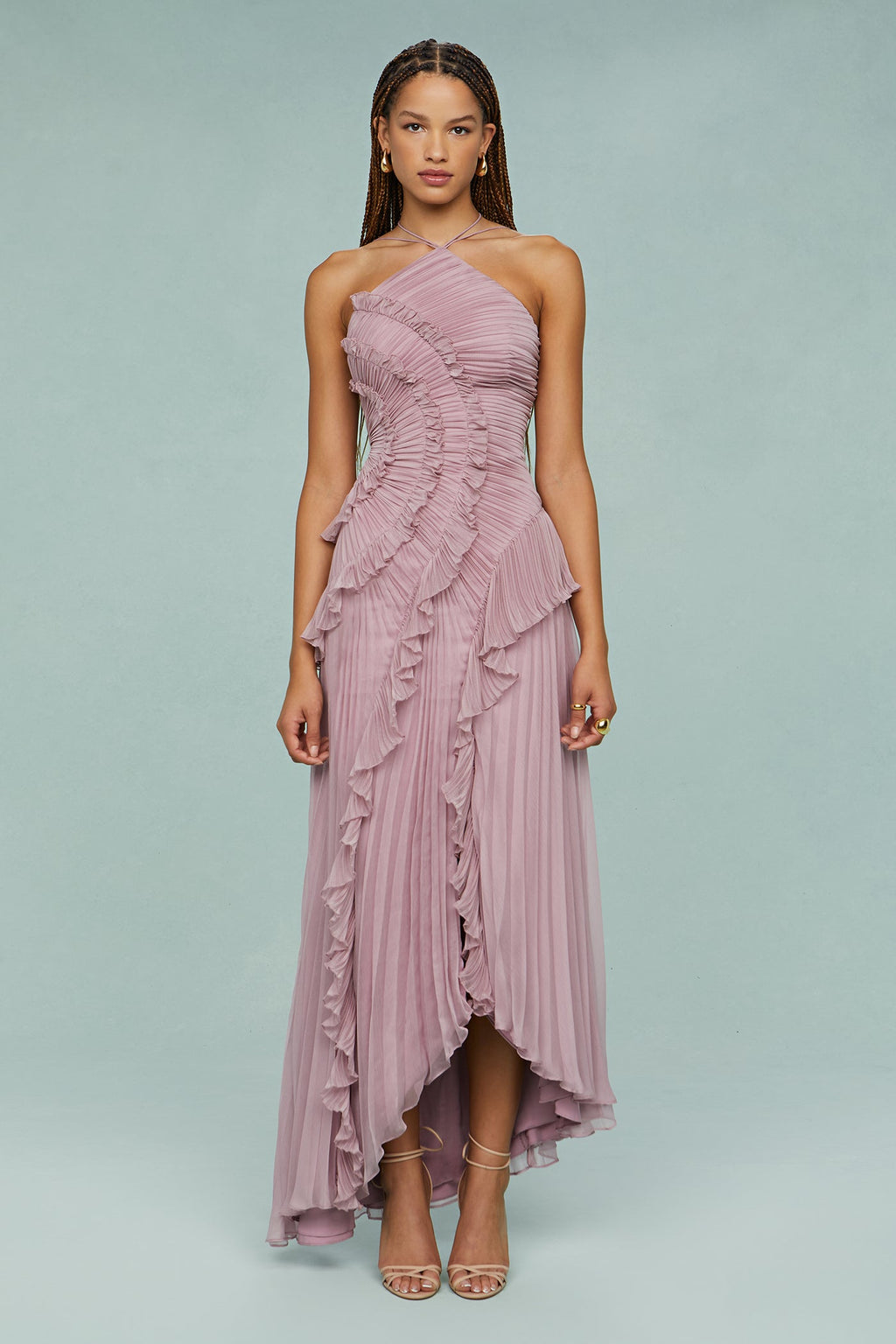 Pleated Frill Halter Neck Midi Dress