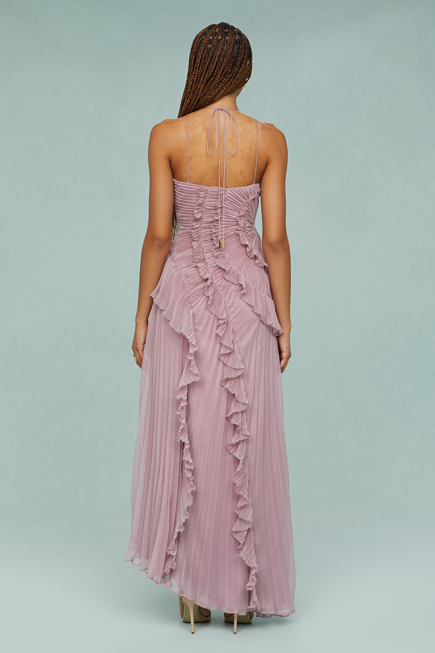 Pleated Frill Halter Neck Midi Dress