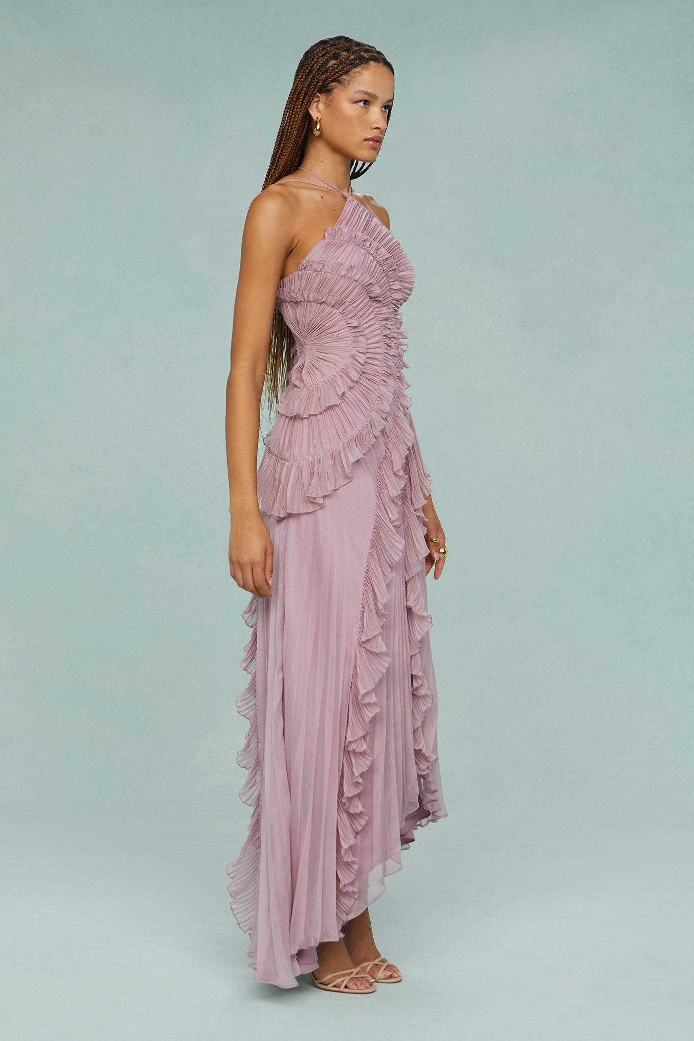 Pleated Frill Halter Neck Midi Dress