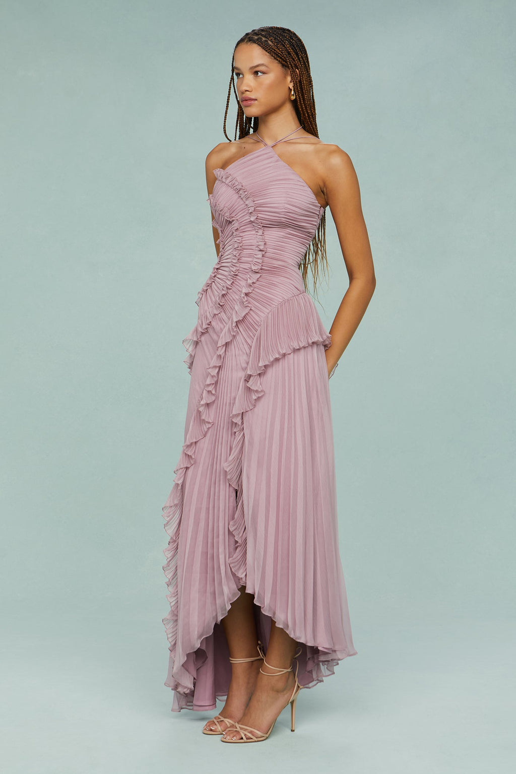 Pleated Frill Halter Neck Midi Dress