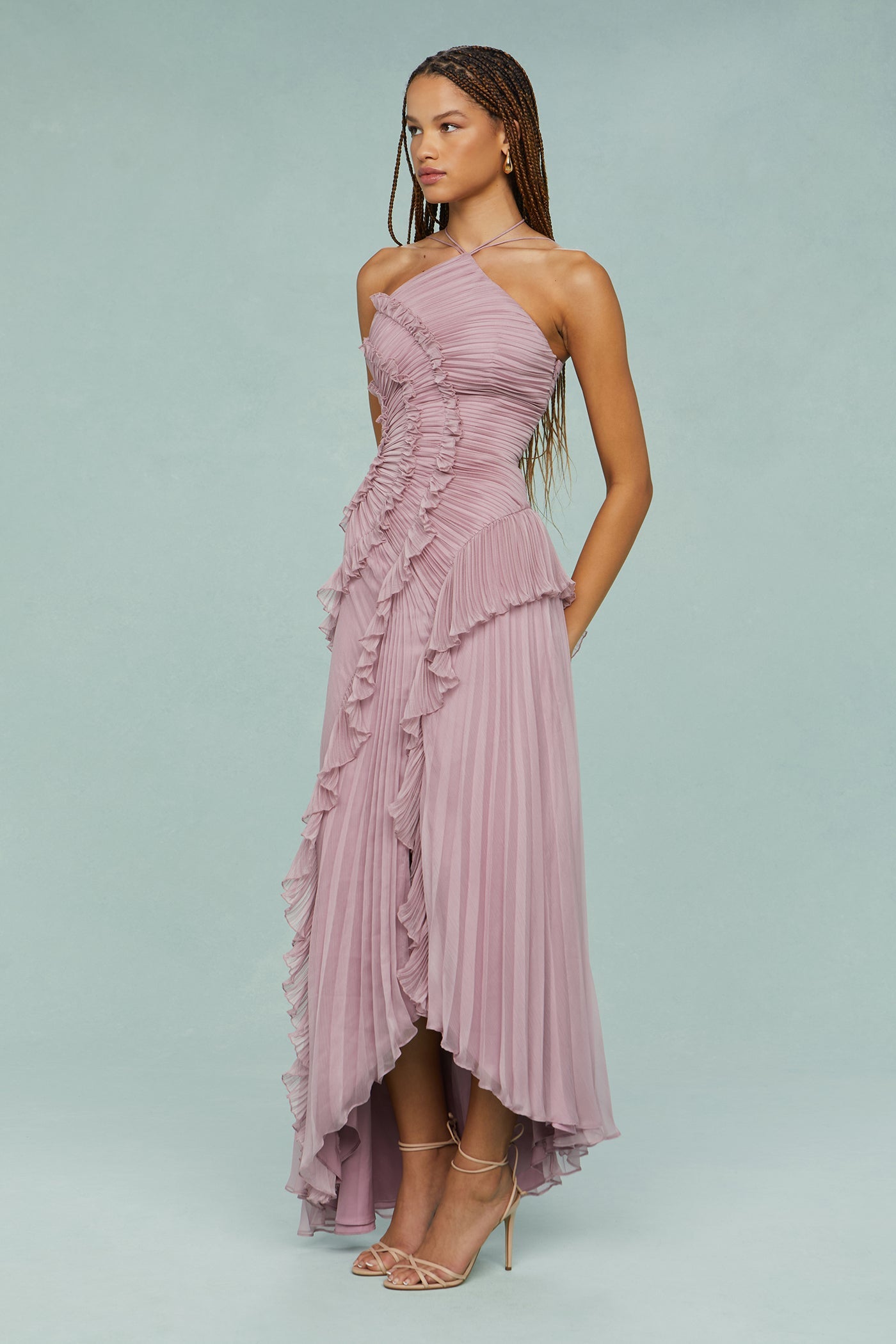 Pleated Frill Halter Neck Midi Dress