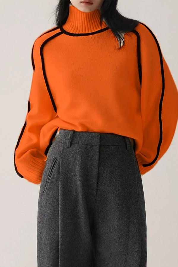 Elegant Colorblocking High Neck Loose Solid Color Sweater