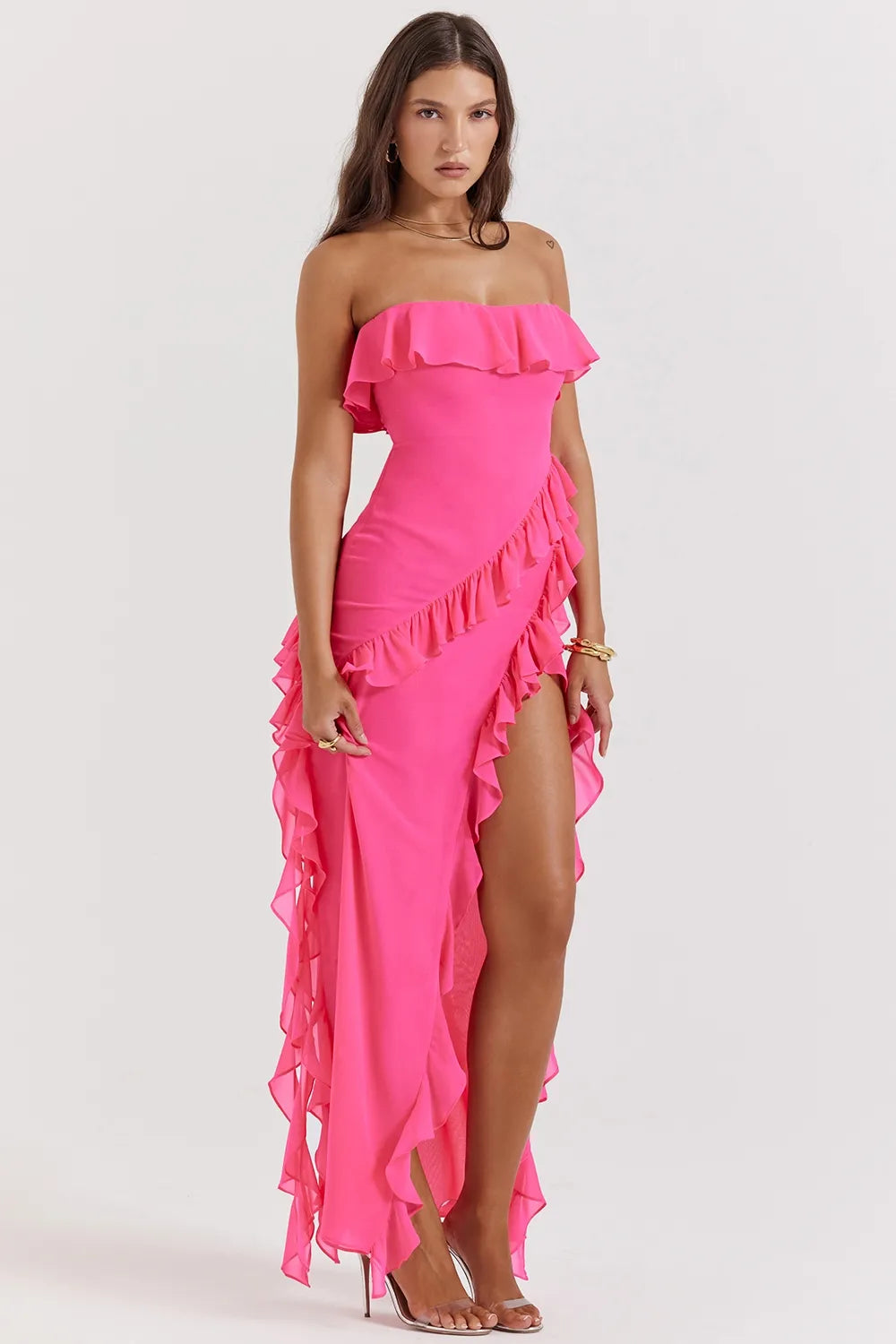 Petal-Hued Ruffle Strapless Maxi Dress