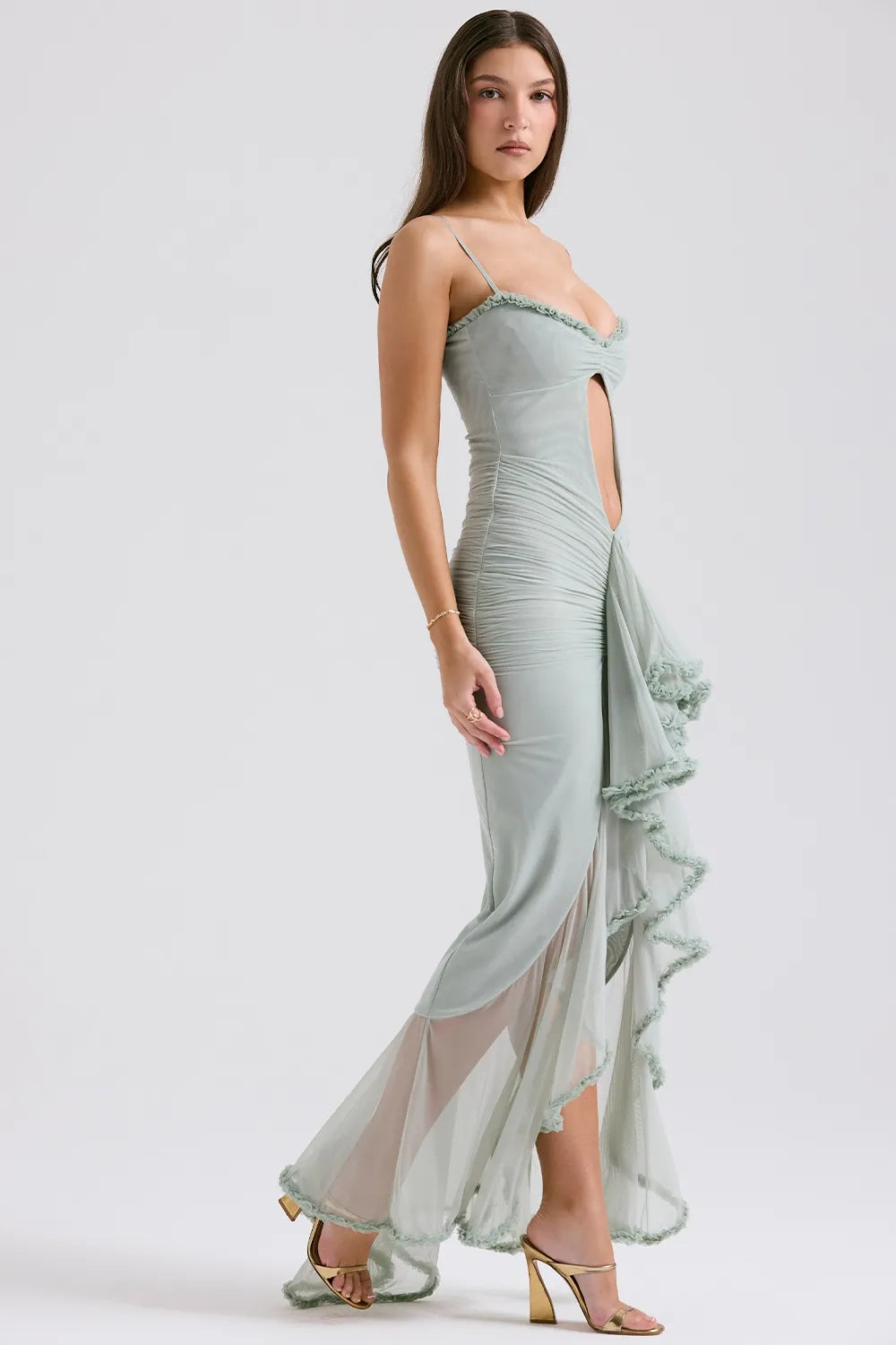 Statement Cutout Midriff Ruffle Front Gown