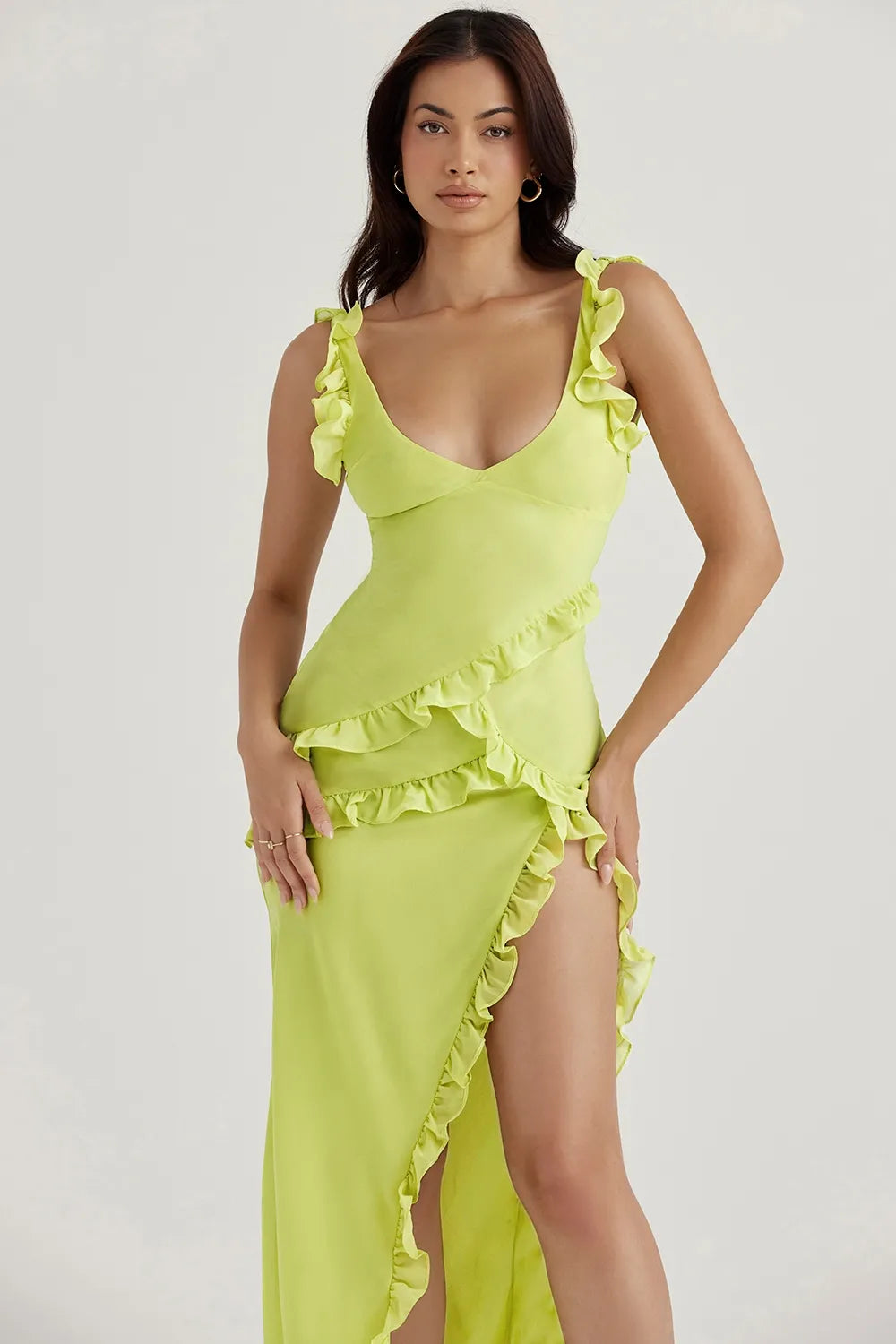 Tropical Ruffle Plunge Maxi Dress