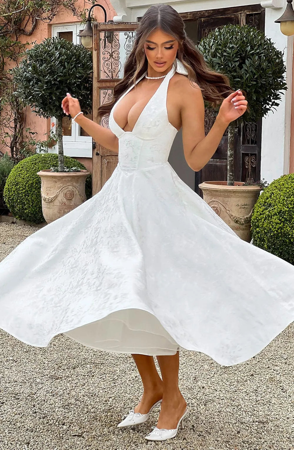 Floral Jacquard Halter Neck Midi Dress