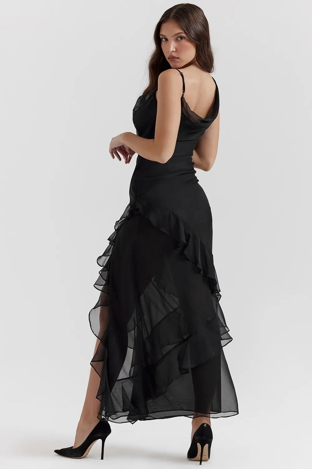 Black Noir Cascade Ruffle Maxi Dress