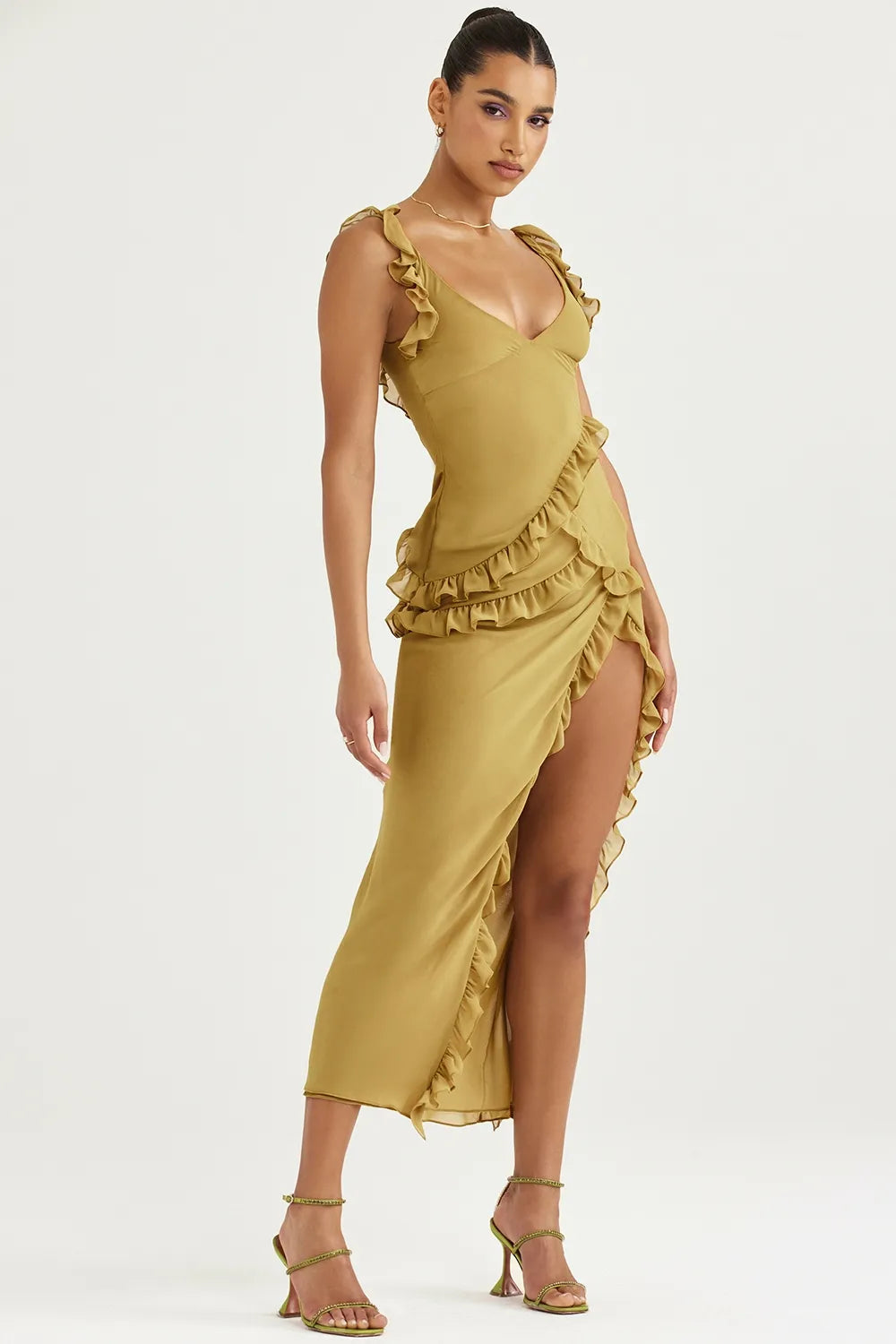 Tropical Ruffle Plunge Maxi Dress