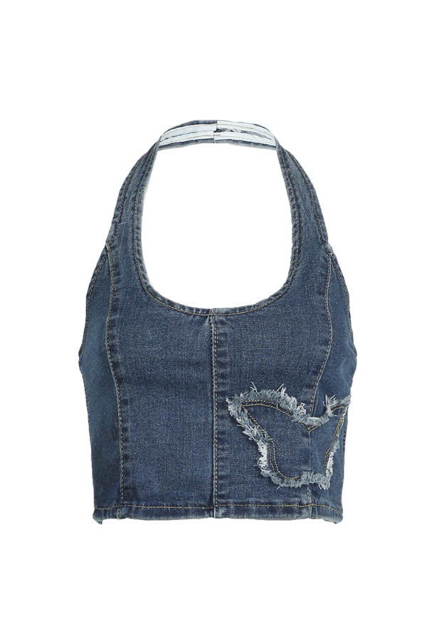 Hanging Neckline Low Cut Denim Short Top