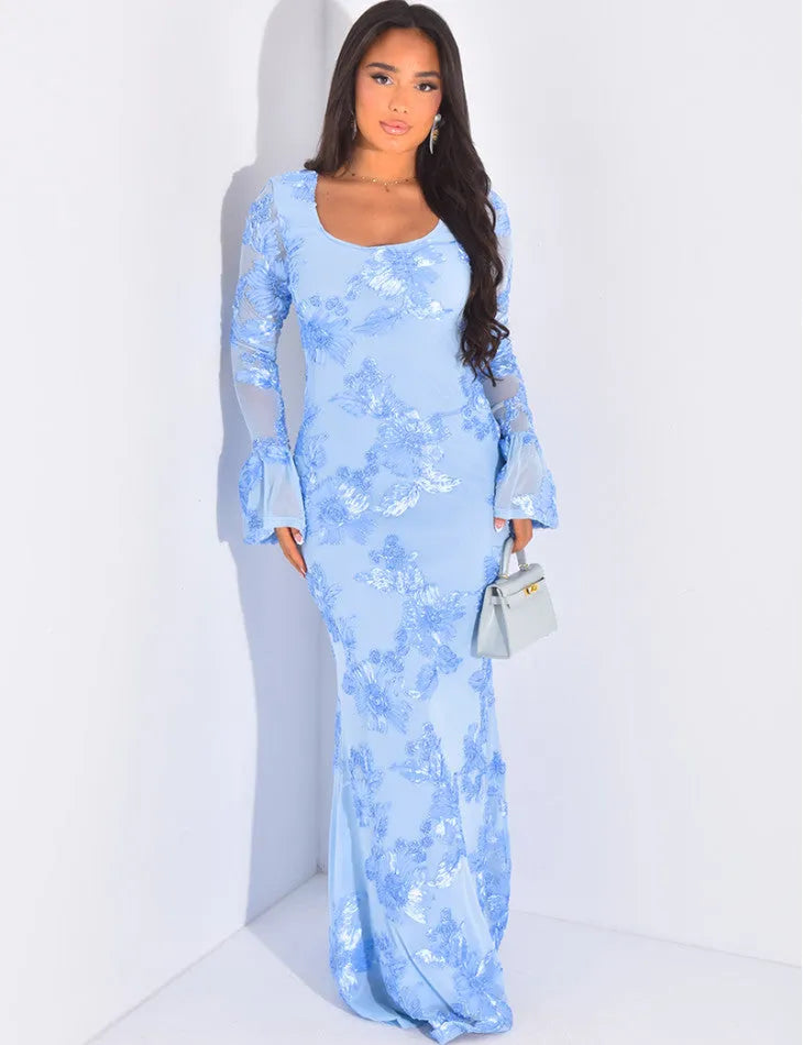 Daniela Floral Embossed Long Sleeve Bodycon Maxi Dress