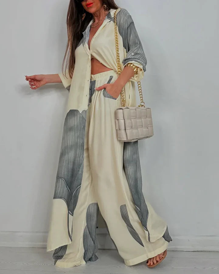 Artistic Print Set - Flowy Blouse & Trousers for Modern Comfort and Charm