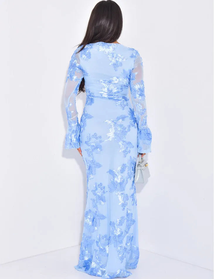 Daniela Floral Embossed Long Sleeve Bodycon Maxi Dress