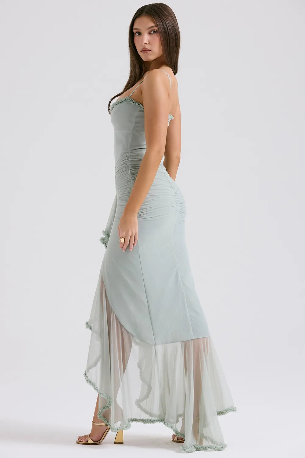 Statement Cutout Midriff Ruffle Front Gown